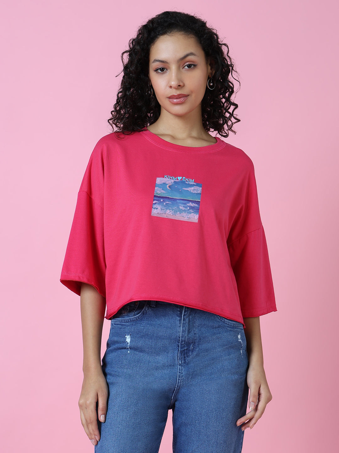 Women Graphic Mauve Boxy Crop T Shirt