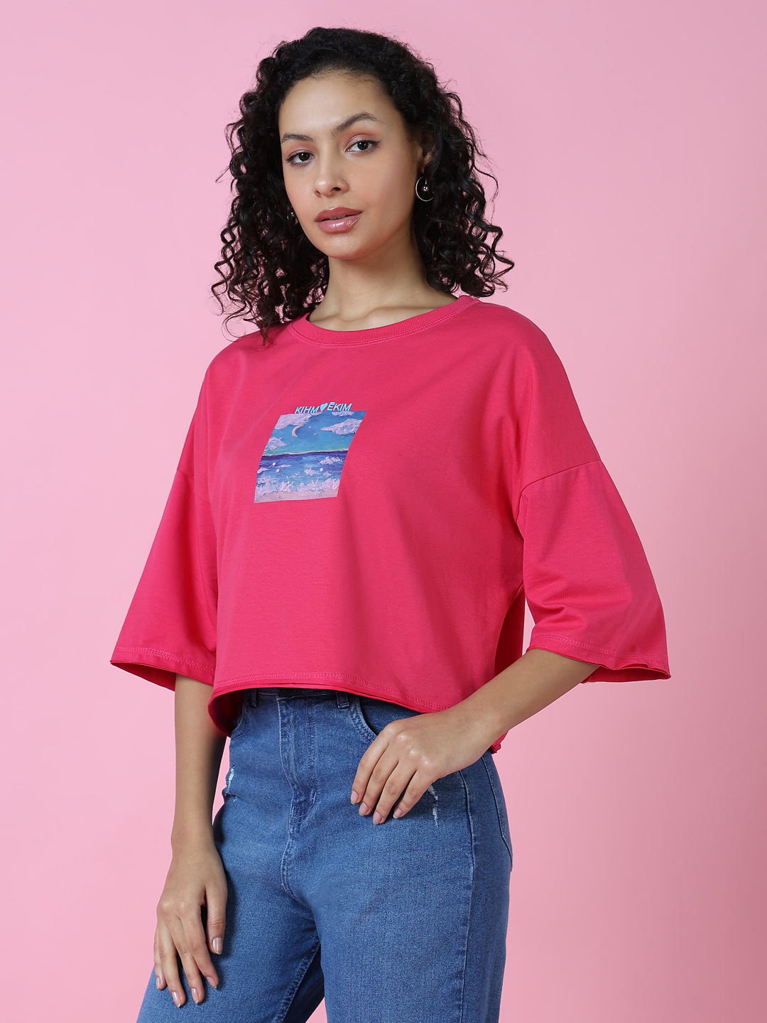 Women Graphic Mauve Boxy Crop T Shirt