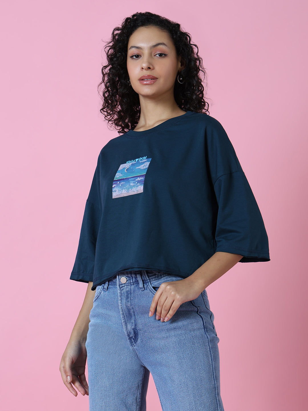 Women Graphic Teal Boxy Crop T Shirt