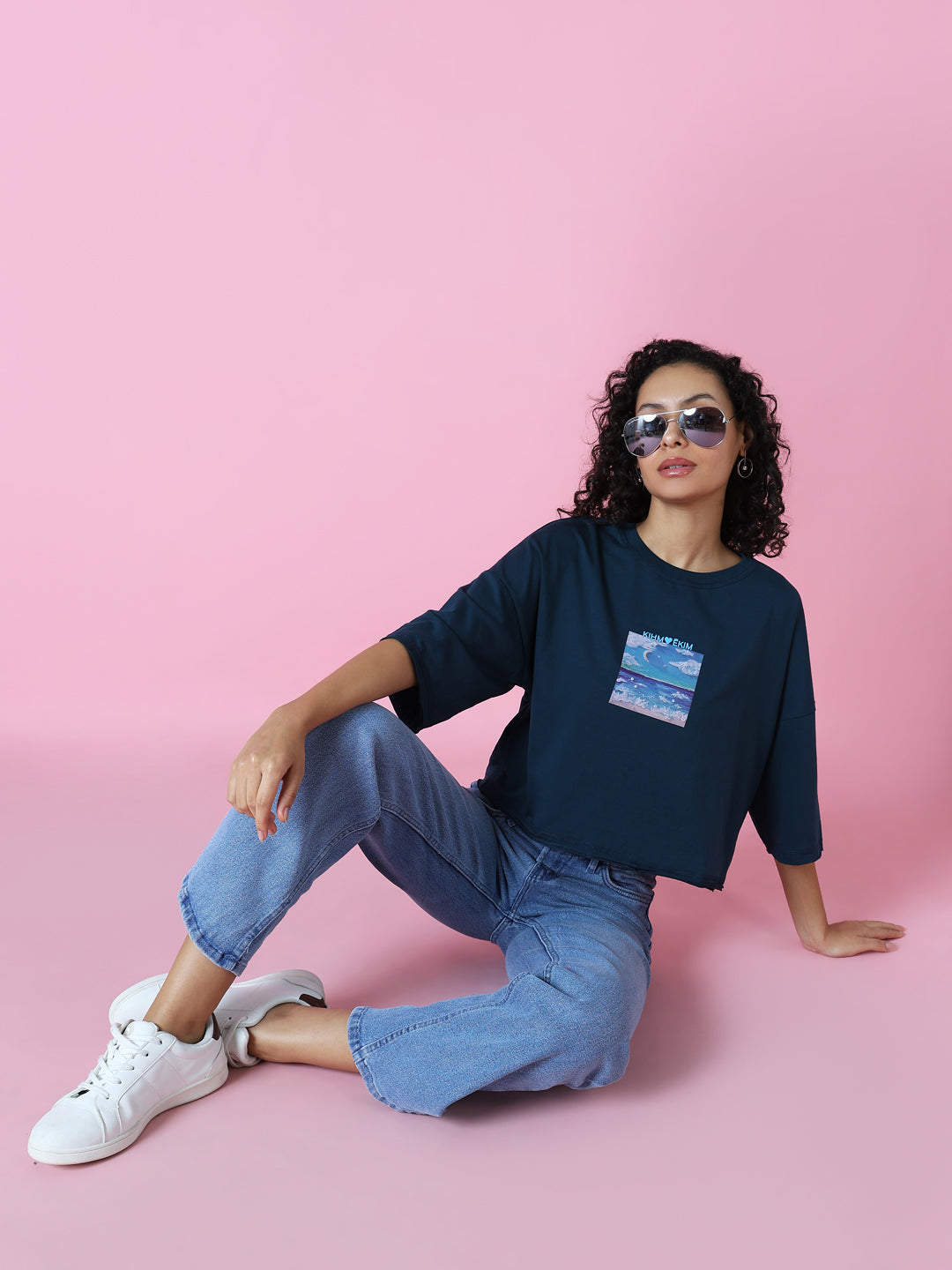 Women Graphic Teal Boxy Crop T Shirt