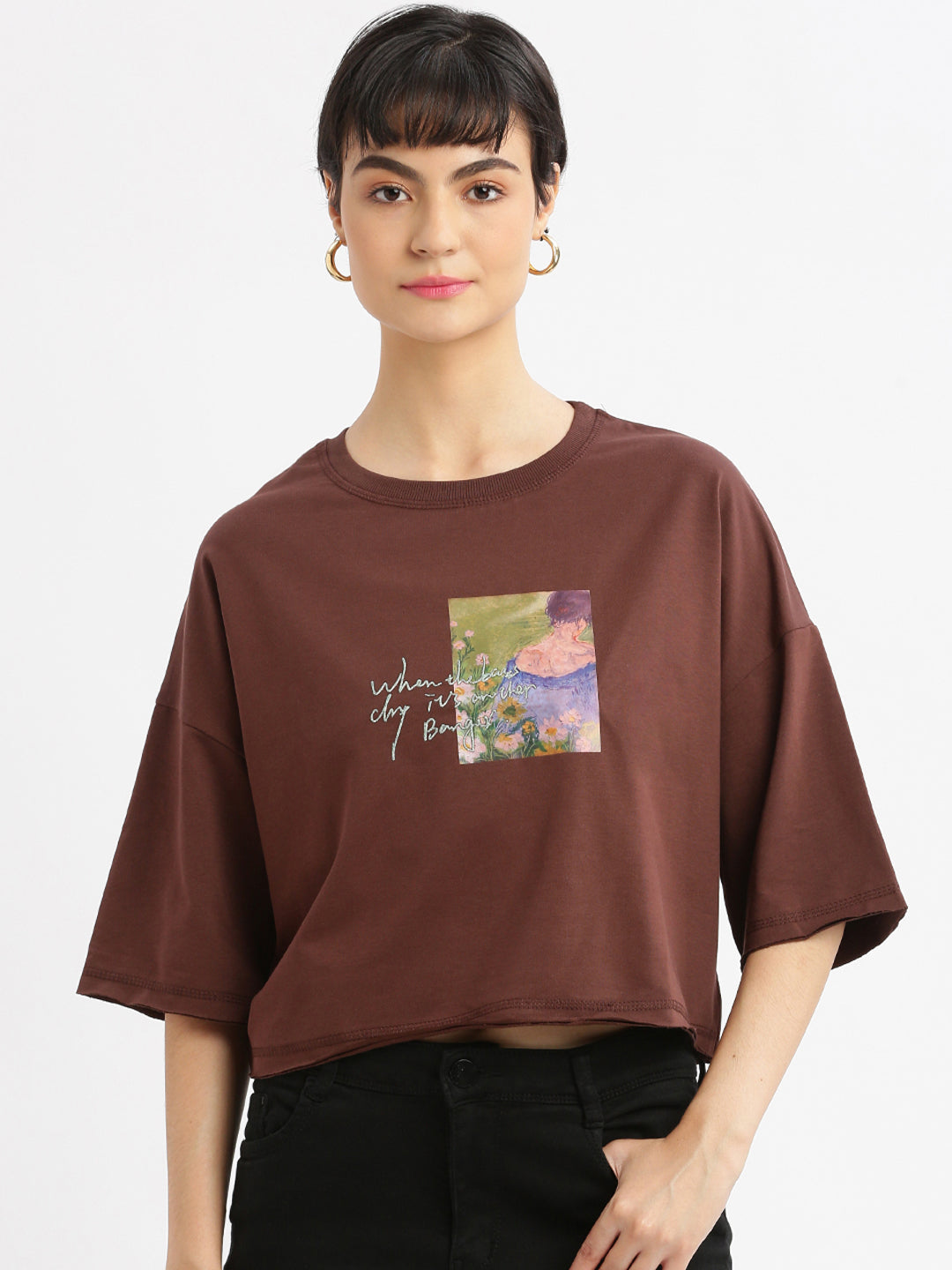 Women Graphic Brown Boxy Crop T shirt