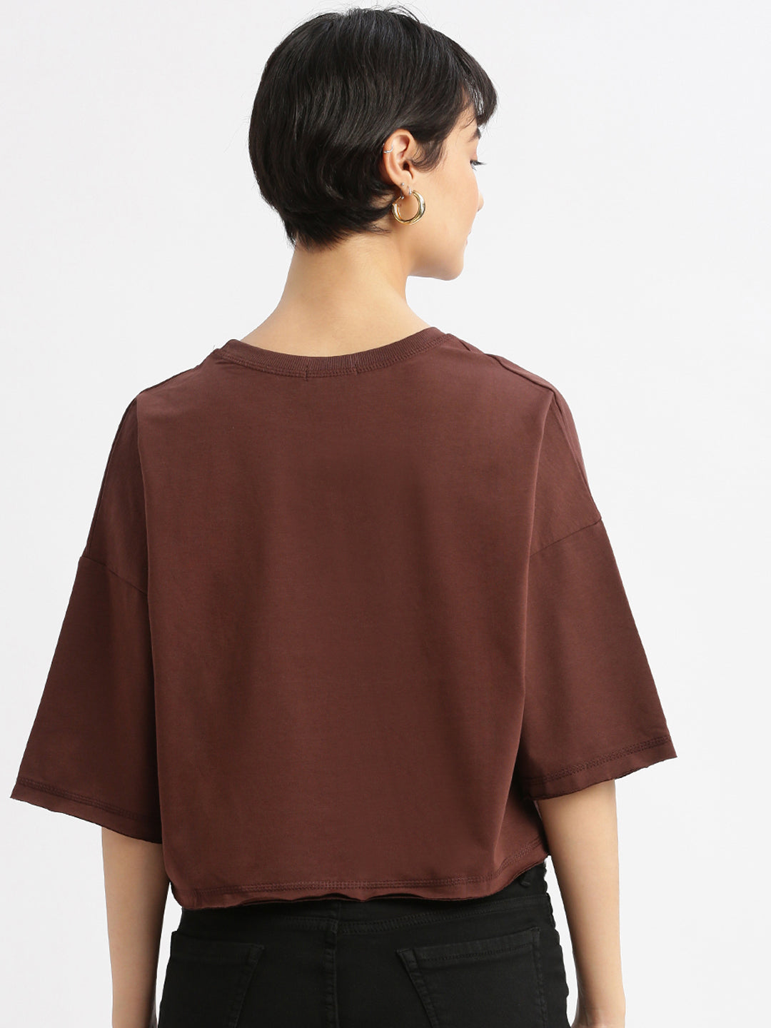 Women Graphic Brown Boxy Crop T shirt