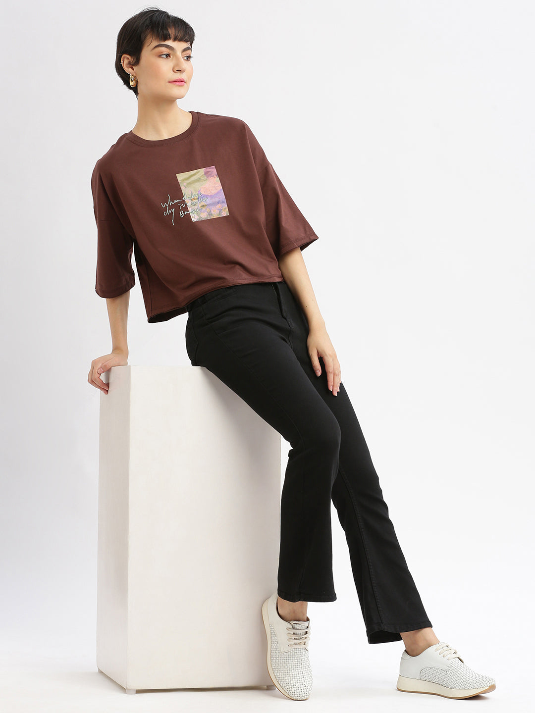 Women Graphic Brown Boxy Crop T shirt