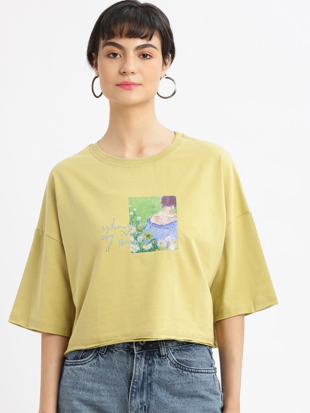 Women Graphic Mustard Boxy Crop T shirt