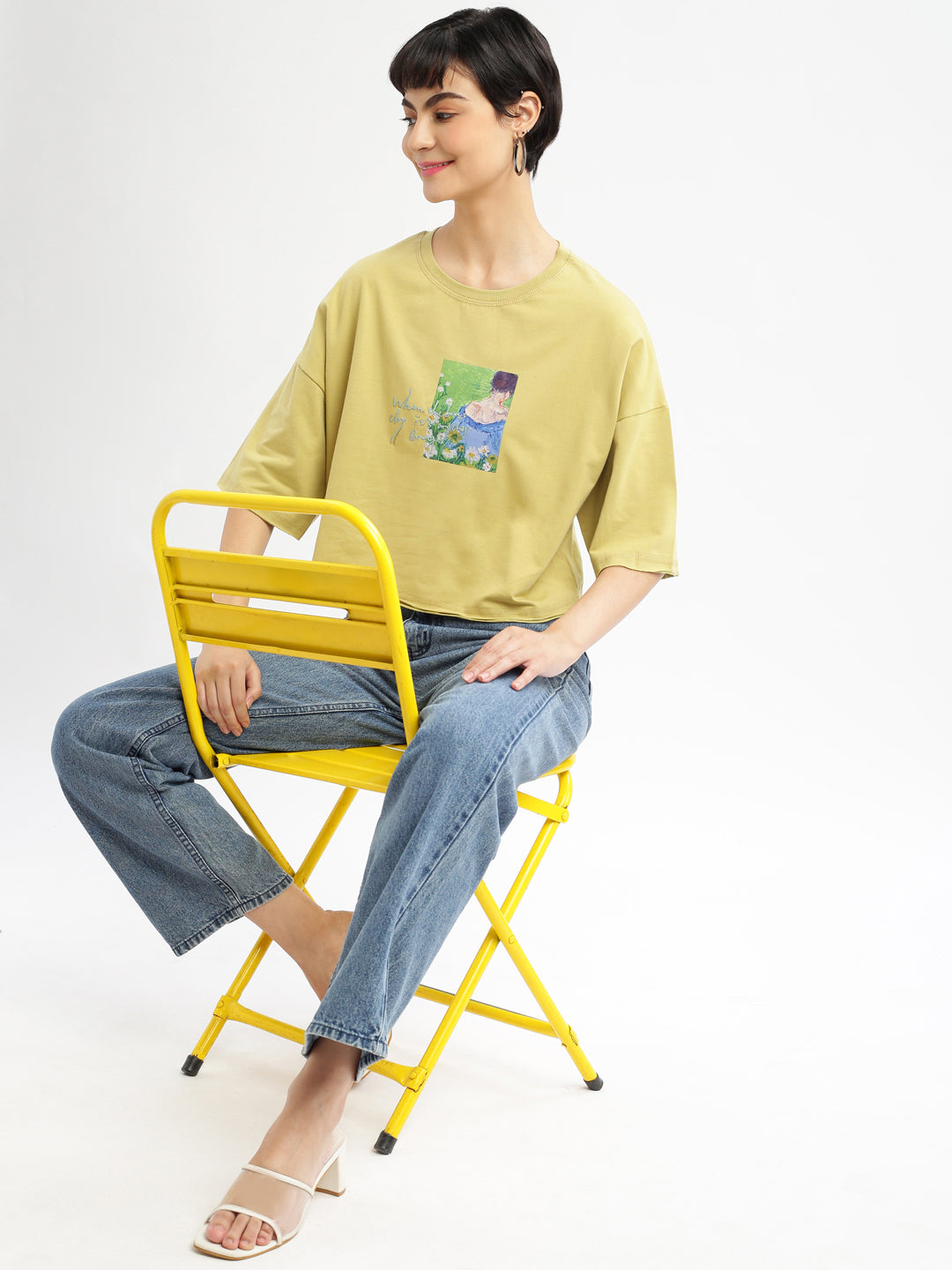 Women Graphic Mustard Boxy Crop T shirt