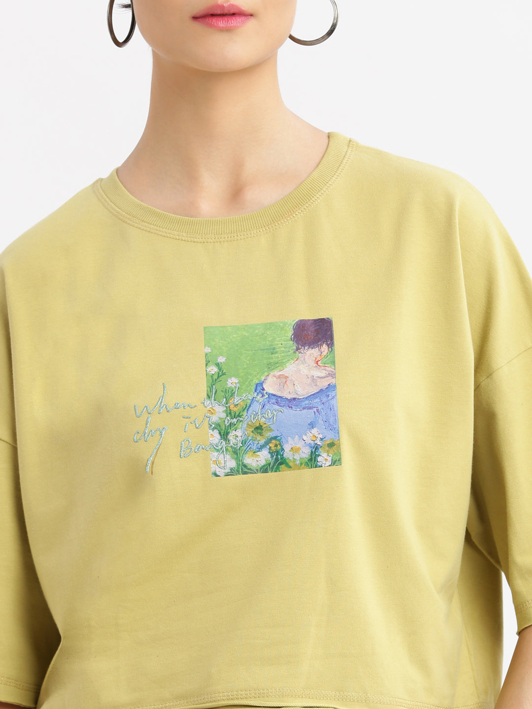 Women Graphic Mustard Boxy Crop T shirt