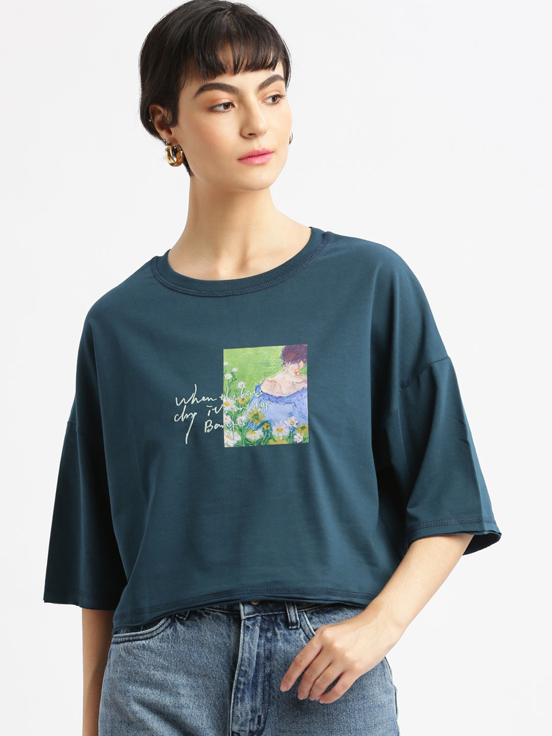 Women Graphic Teal Boxy Crop T shirt