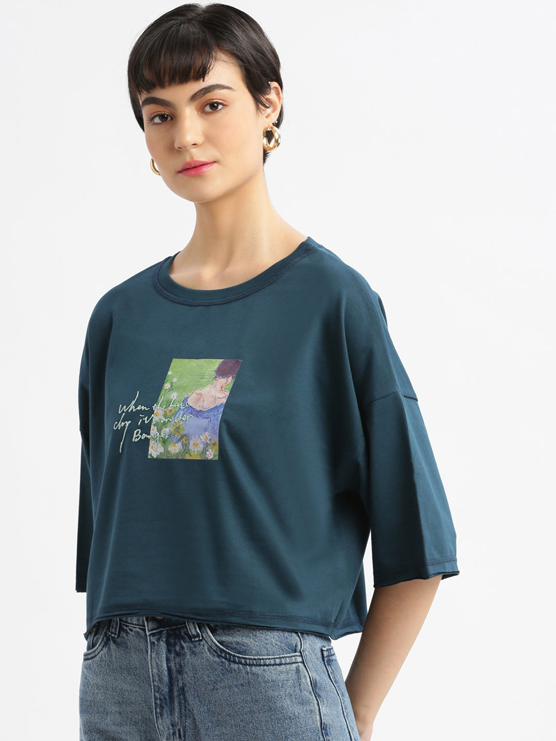 Women Graphic Teal Boxy Crop T shirt