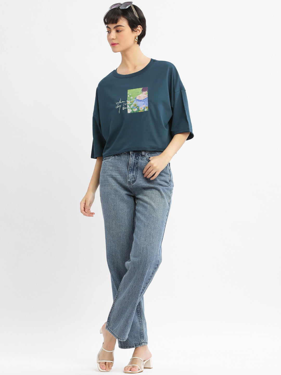 Women Graphic Teal Boxy Crop T shirt