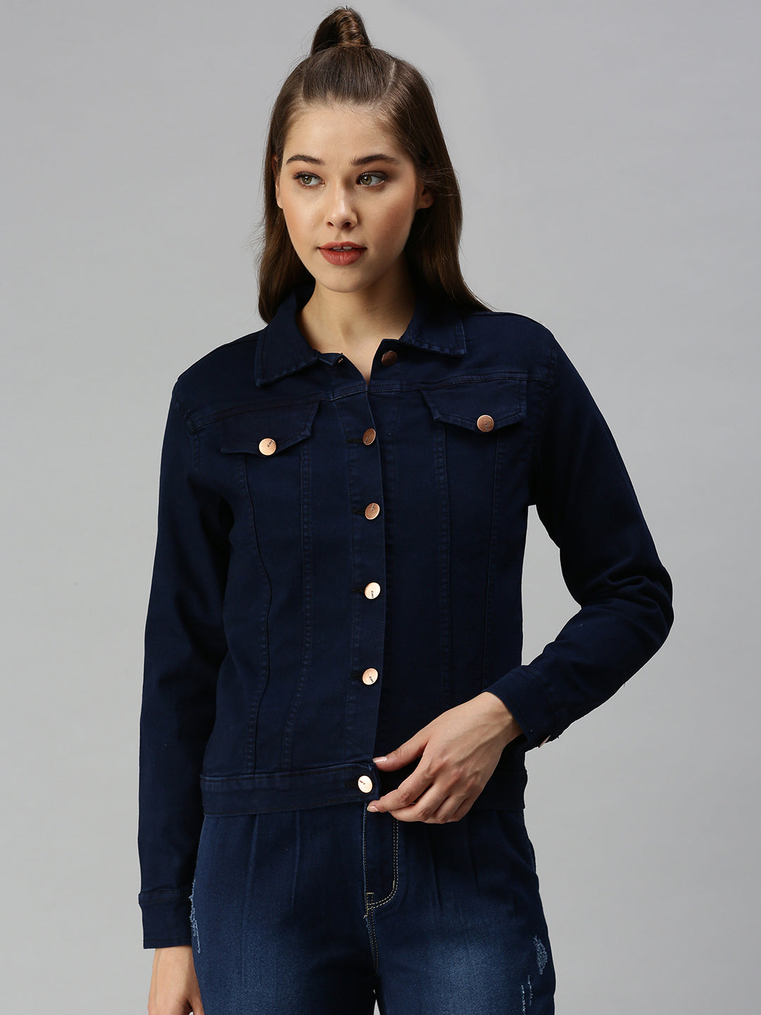 Women Spread Collar Solid Navy Blue Denim Jacket