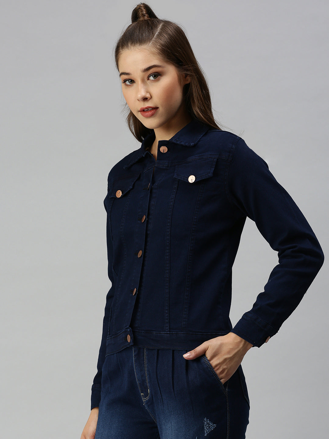 Women Spread Collar Solid Navy Blue Denim Jacket