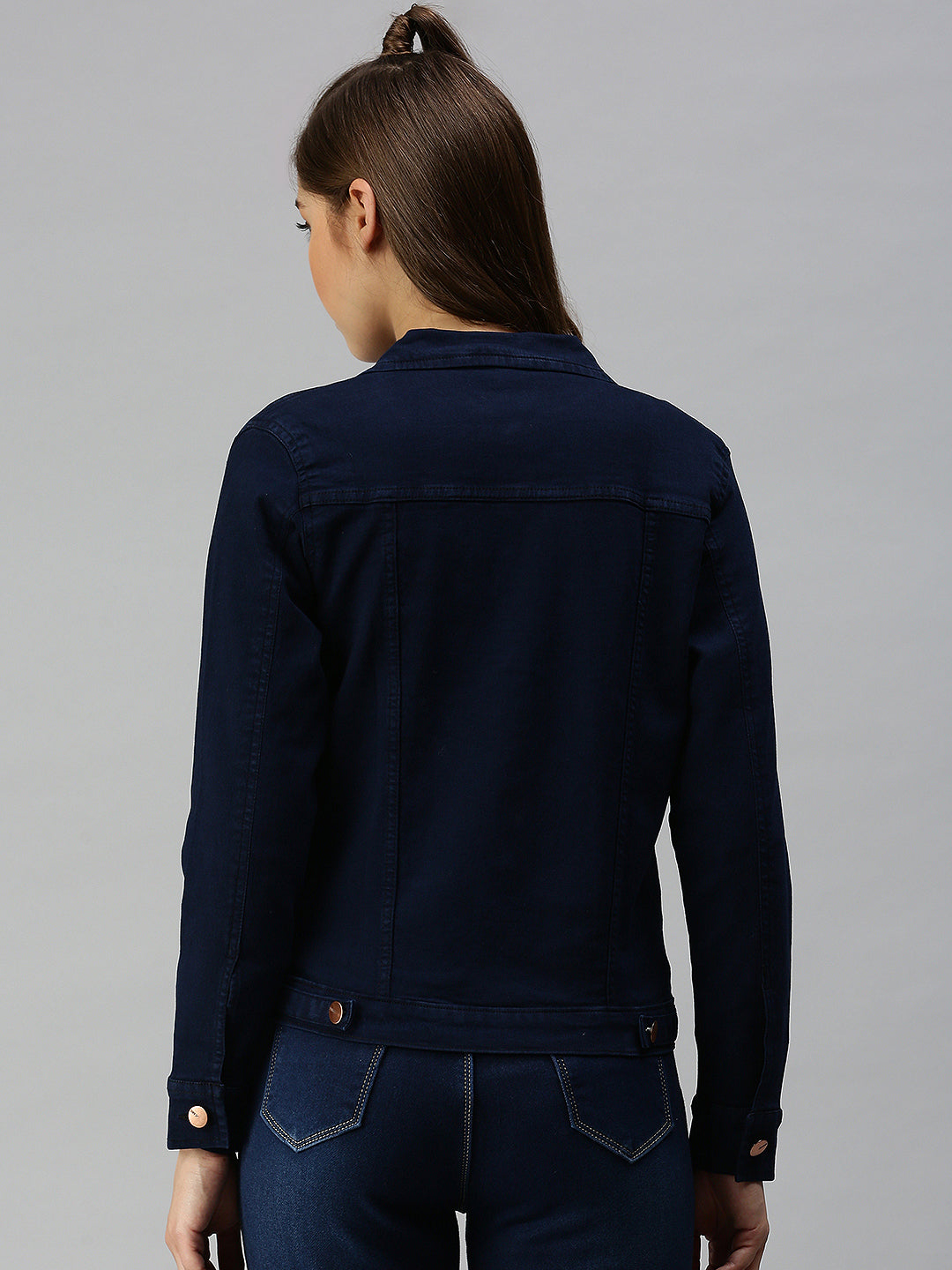 Women Spread Collar Solid Navy Blue Denim Jacket