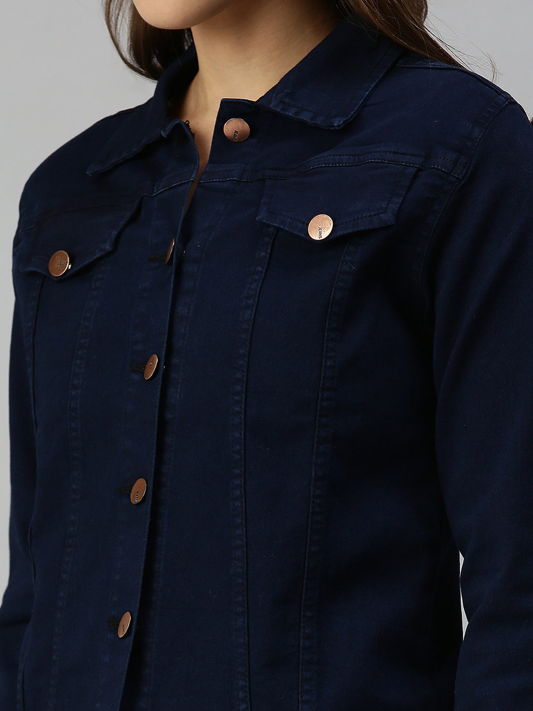 Women Spread Collar Solid Navy Blue Denim Jacket