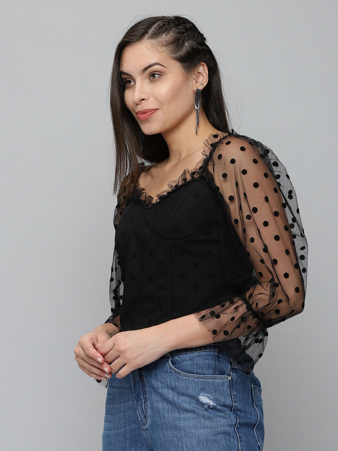 Women Sweetheart Neck Solid Black Fitted Top