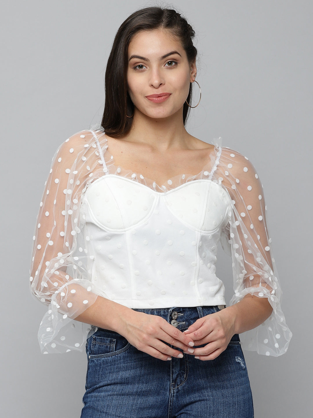 Women Sweetheart Neck Solid White Fitted Top