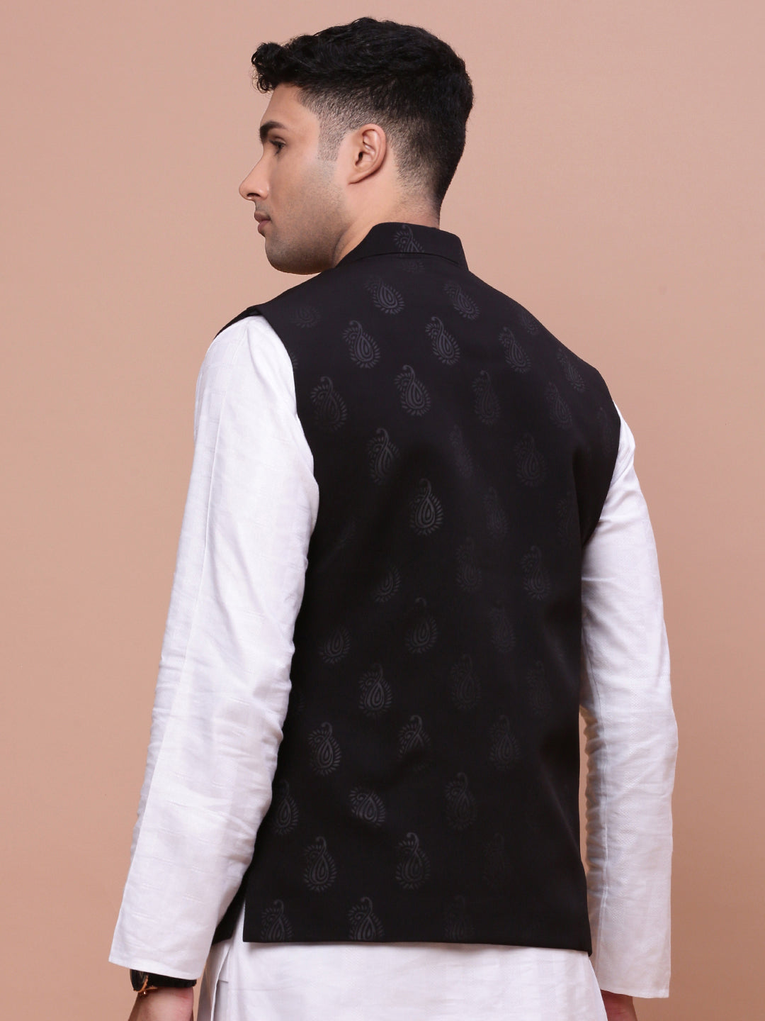 Men Woven Design Black Slim Fit Nehru Jacket