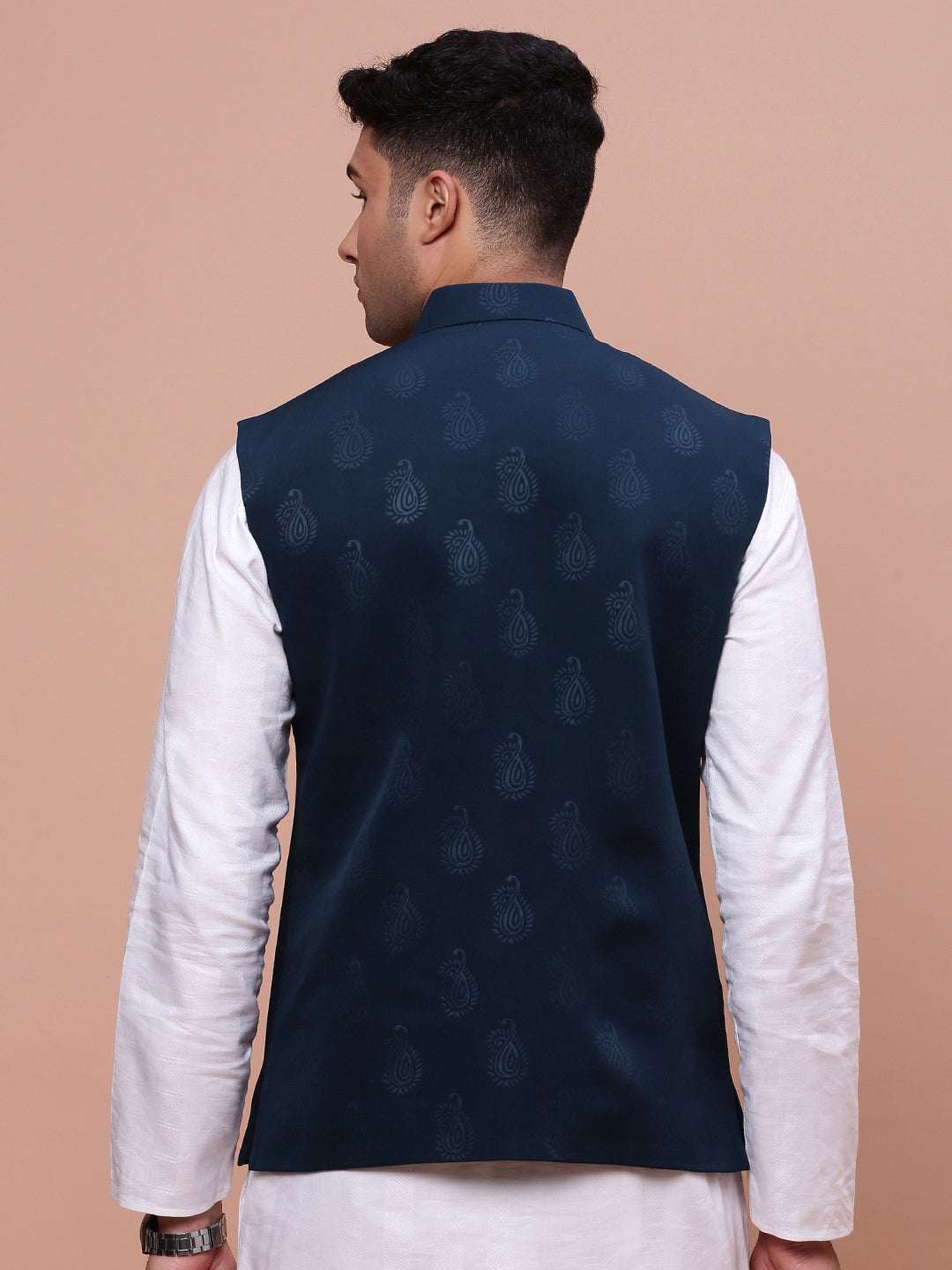 Men Woven Design Teal Slim Fit Nehru Jacket