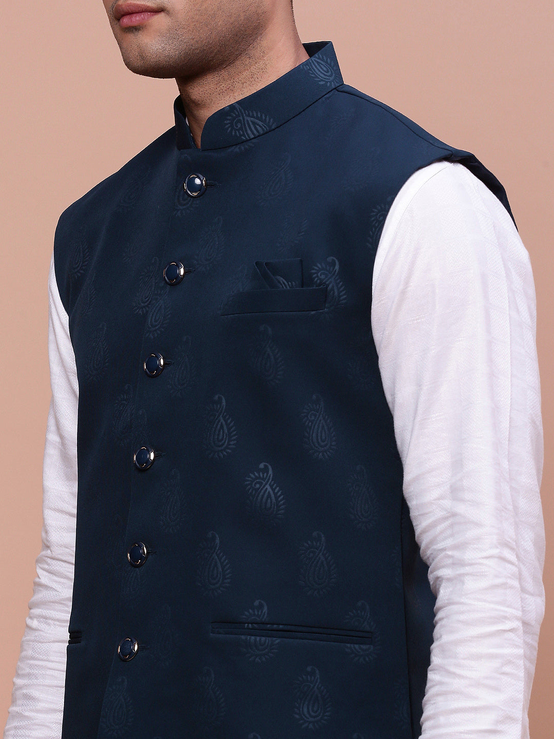 Men Woven Design Teal Slim Fit Nehru Jacket