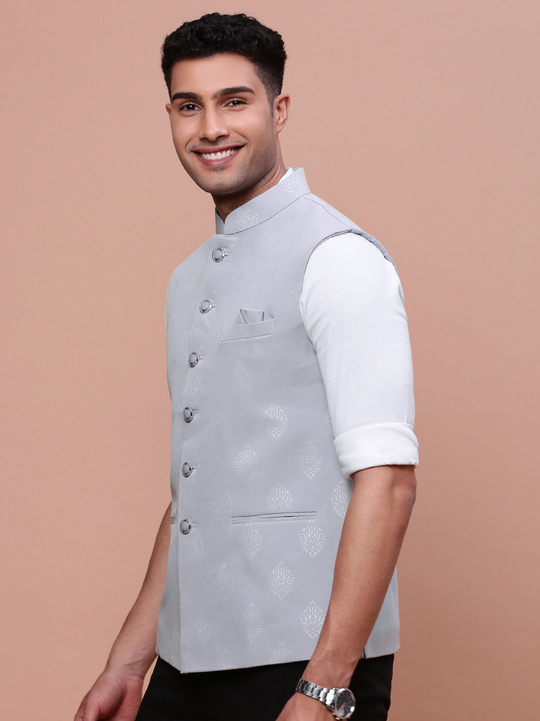 Men Woven Design Grey Slim Fit Nehru Jacket