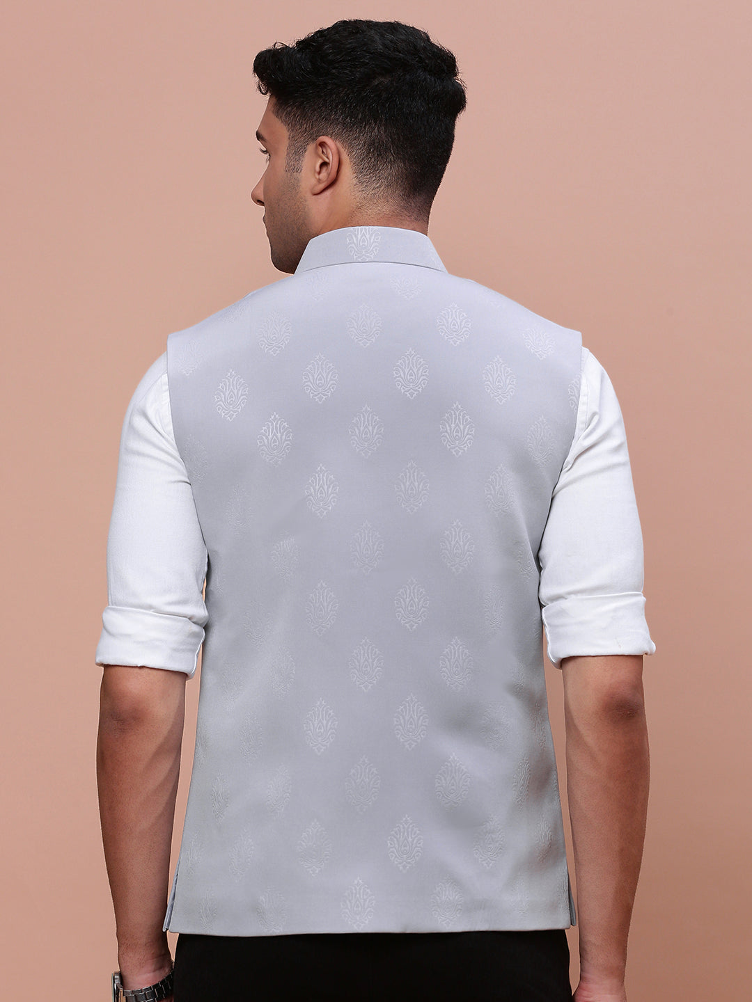 Men Woven Design Grey Slim Fit Nehru Jacket