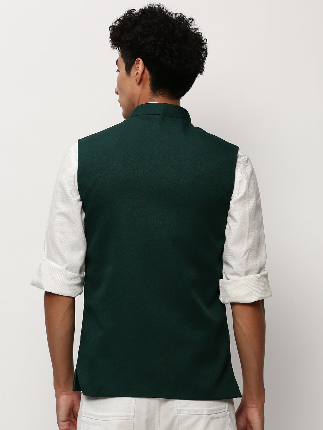 Men Mandarin Collar Solid Green Nehru Jacket