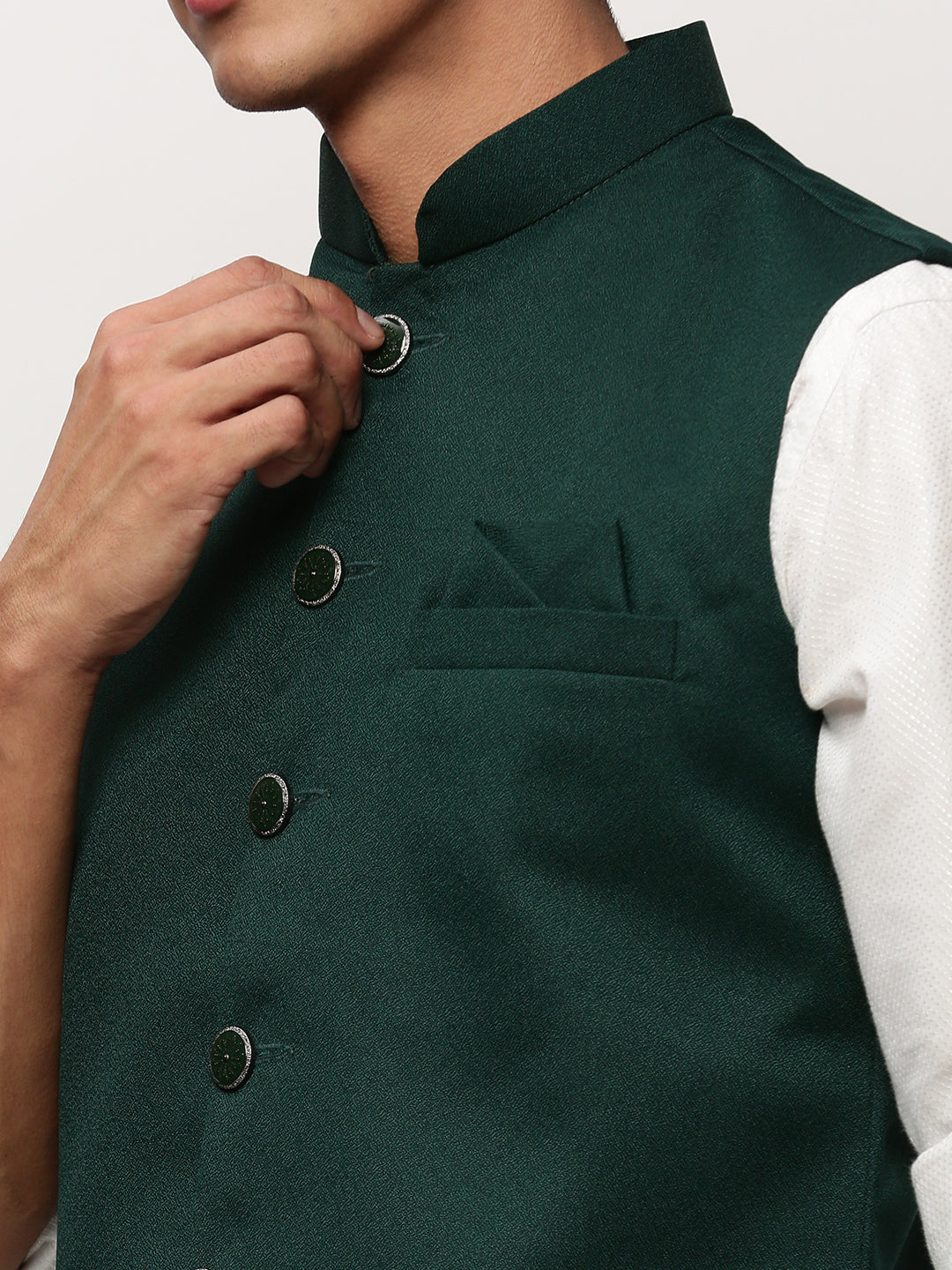 Men Mandarin Collar Solid Green Nehru Jacket