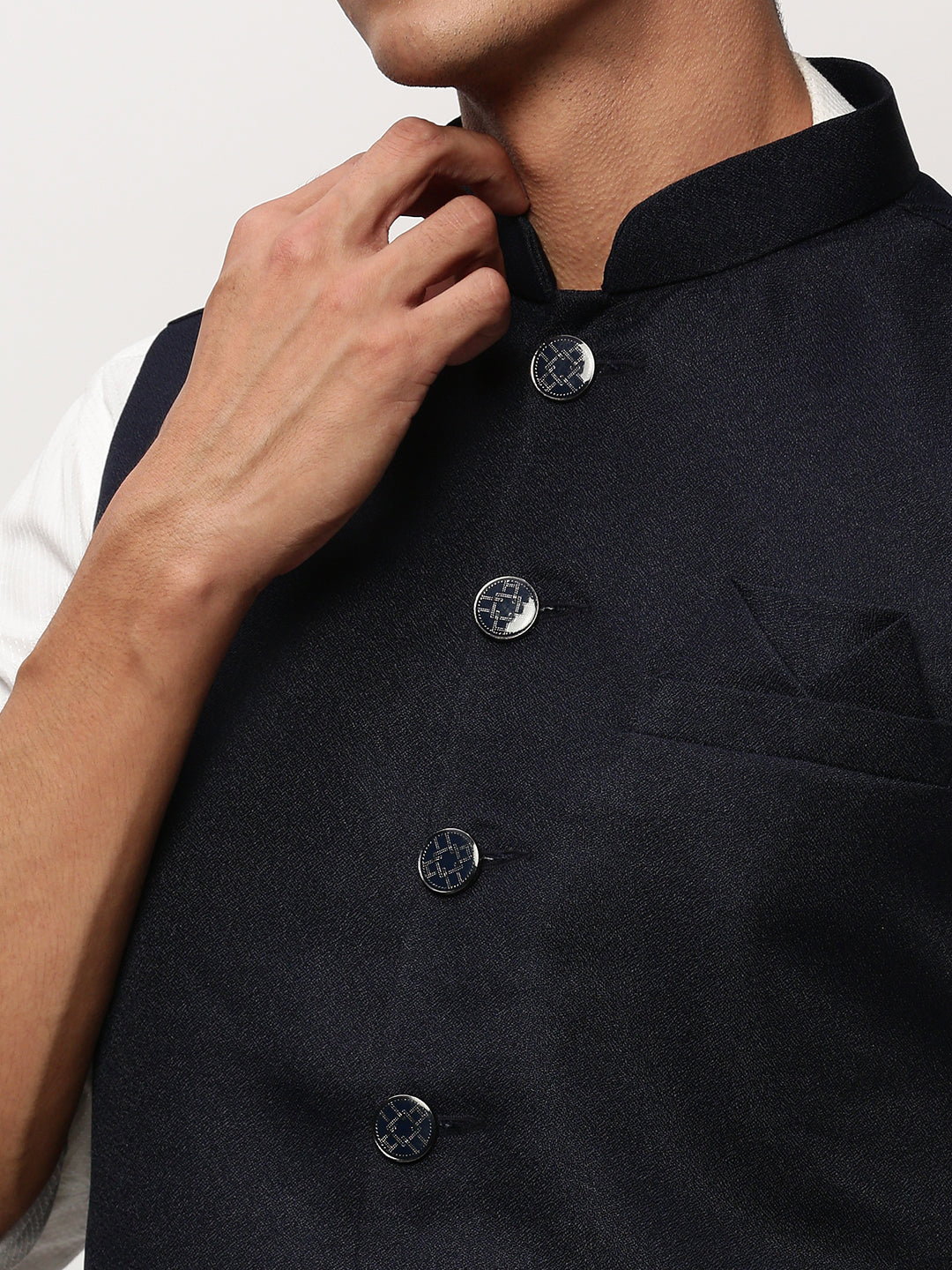 Men Mandarin Collar Solid Navy Blue Nehru Jacket