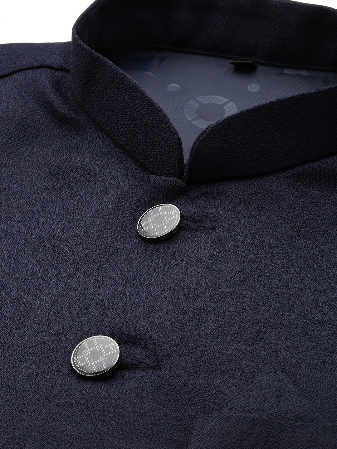 Men Mandarin Collar Solid Navy Blue Nehru Jacket