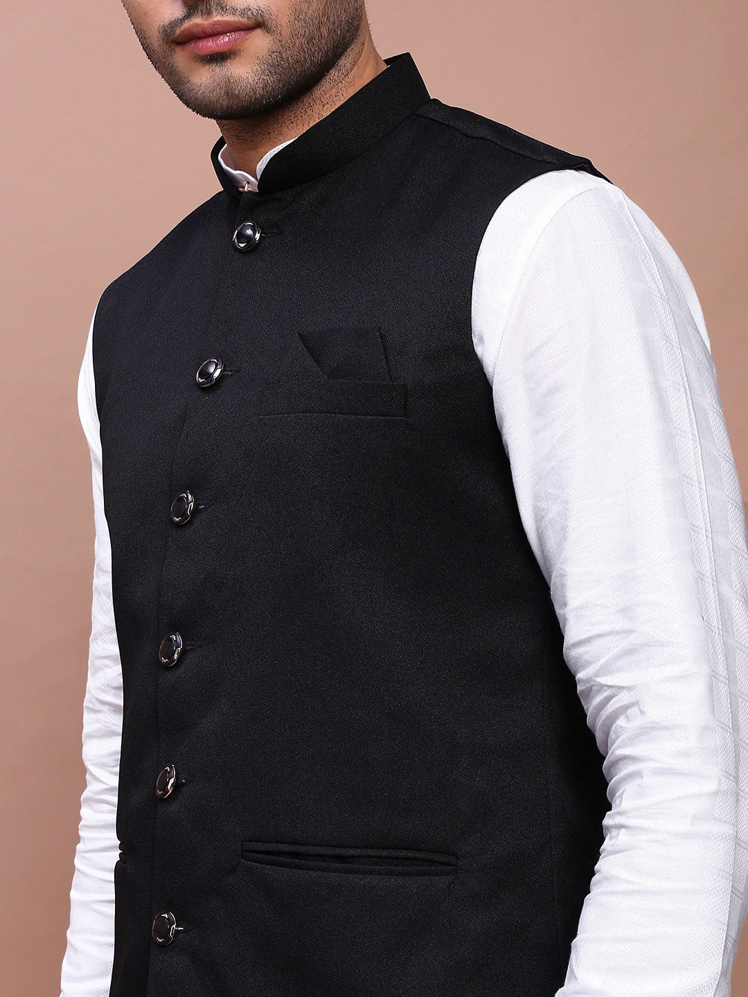 Men Solid Black Slim Fit Nehru Jacket