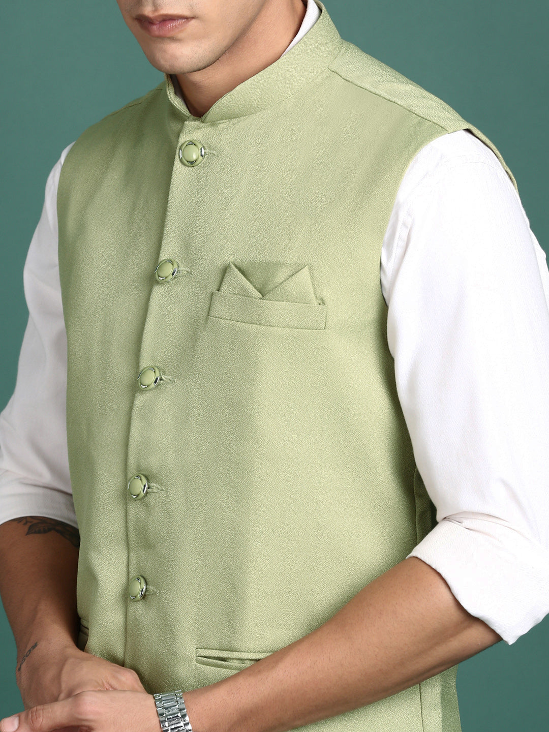 Men Solid Green Slim Fit Nehru Jacket