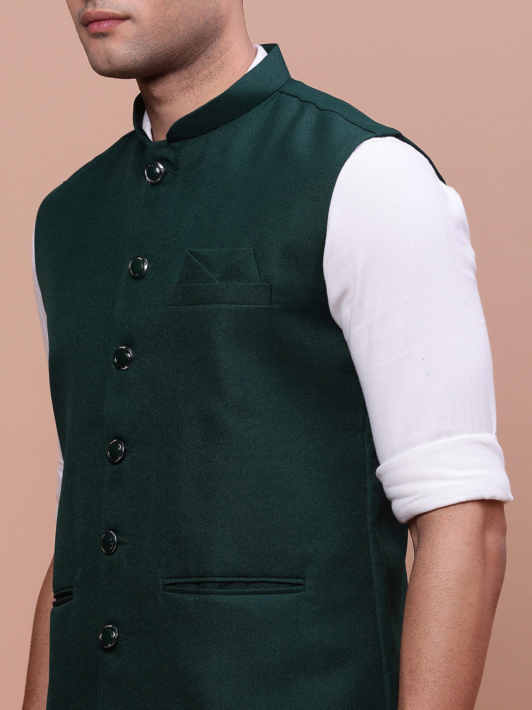 Men Solid Green Slim Fit Nehru Jacket