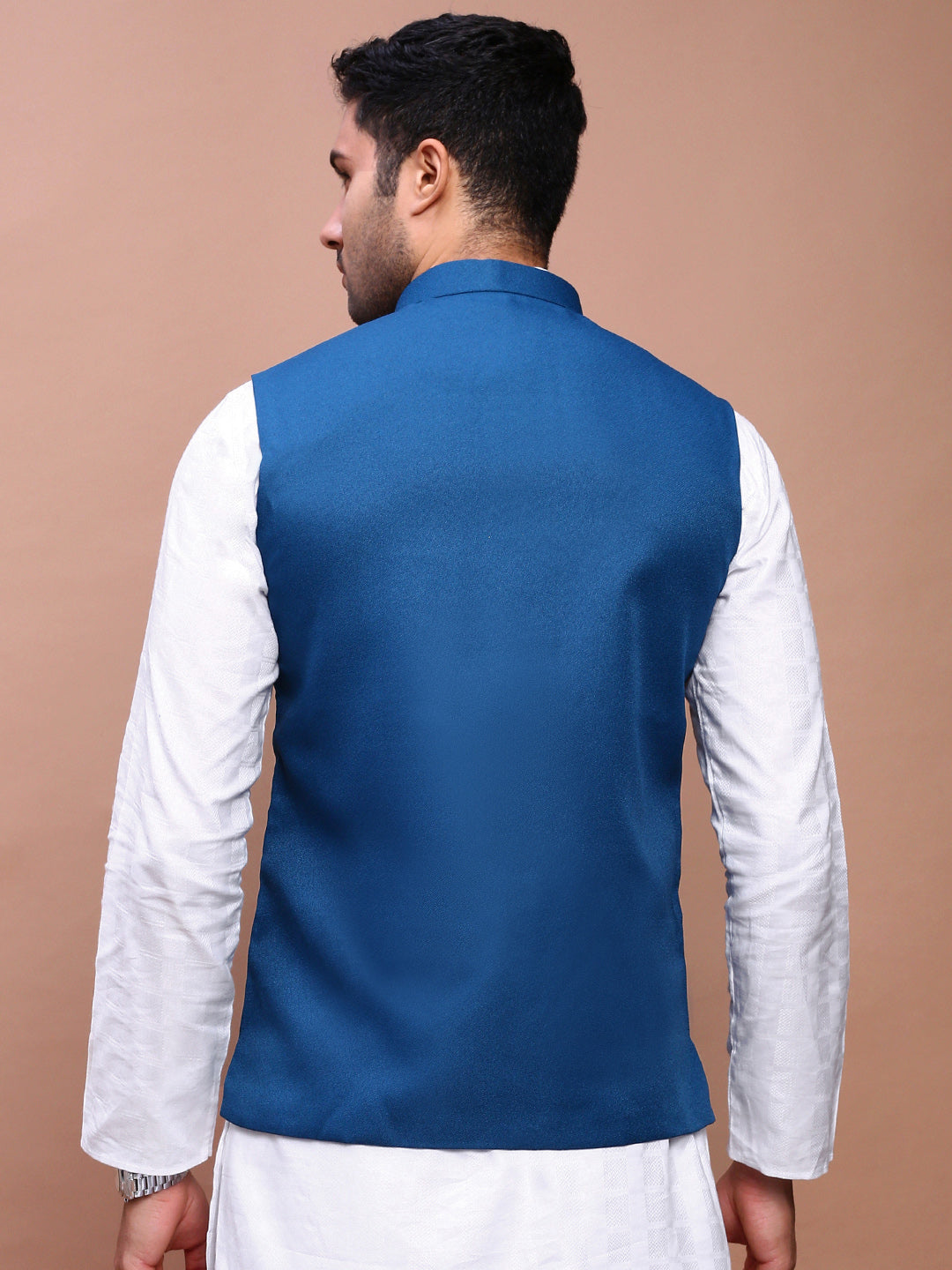 Men Solid Turquoise Blue Slim Fit Nehru Jacket