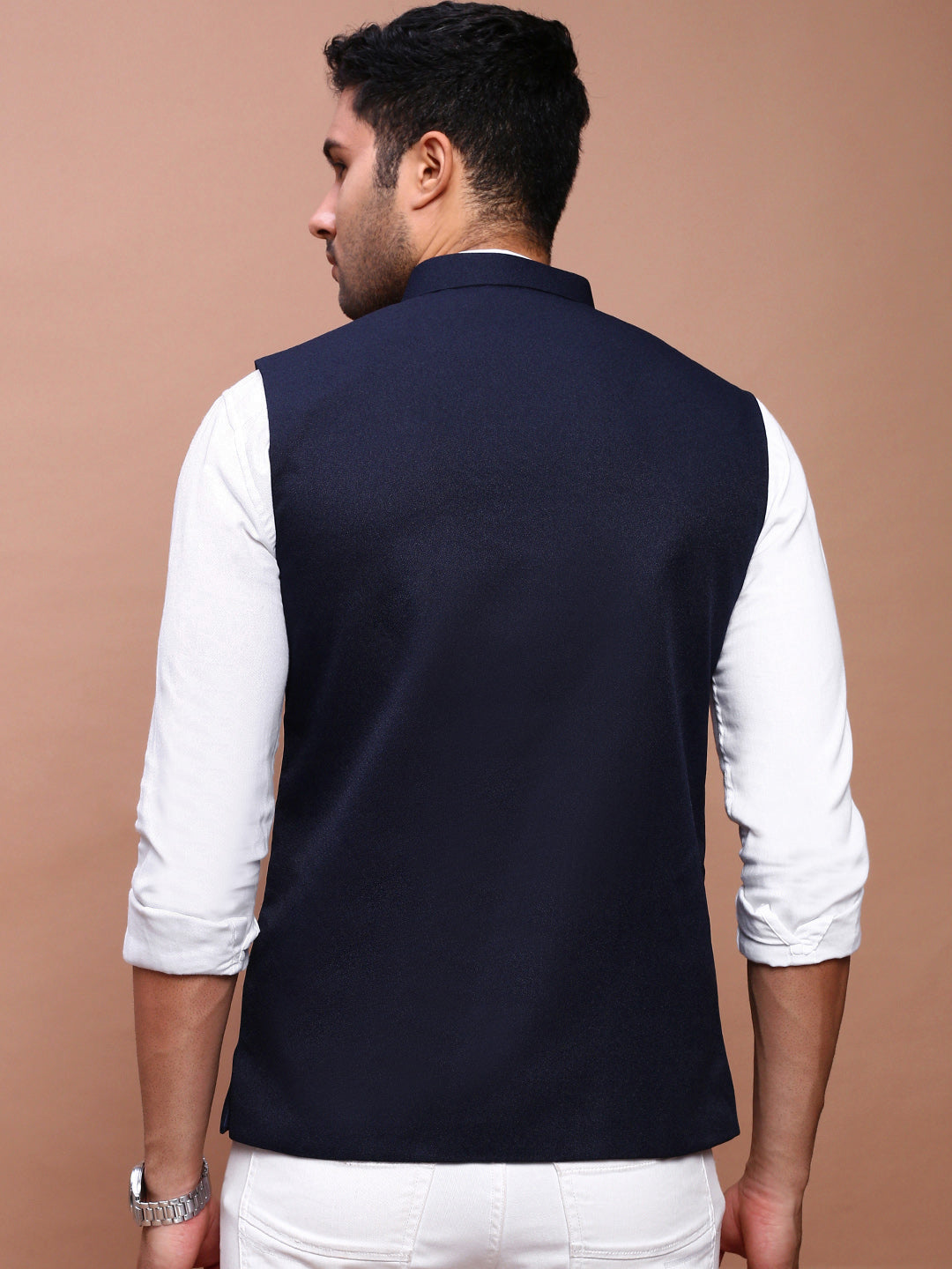 Men Solid Navy Blue Slim Fit Nehru Jacket