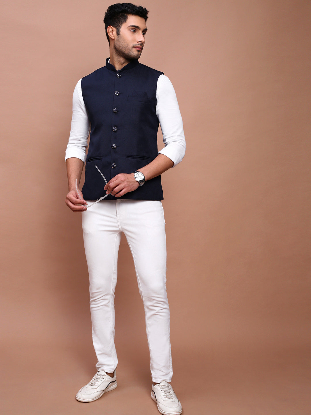 Men Solid Navy Blue Slim Fit Nehru Jacket