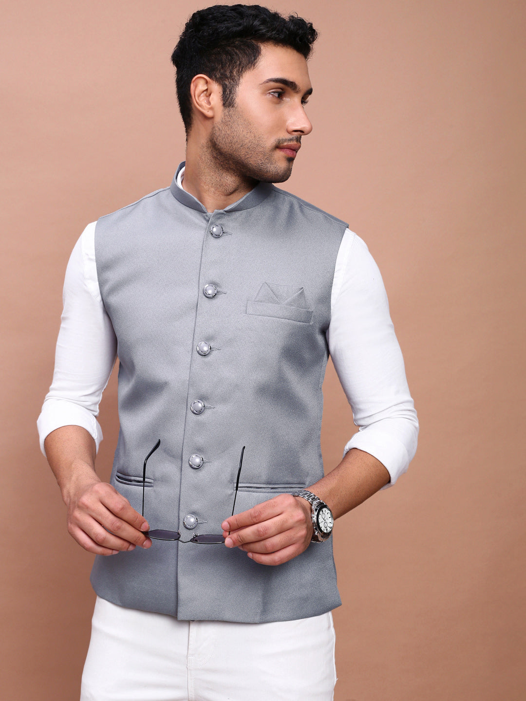 Men Solid Grey Slim Fit Nehru Jacket