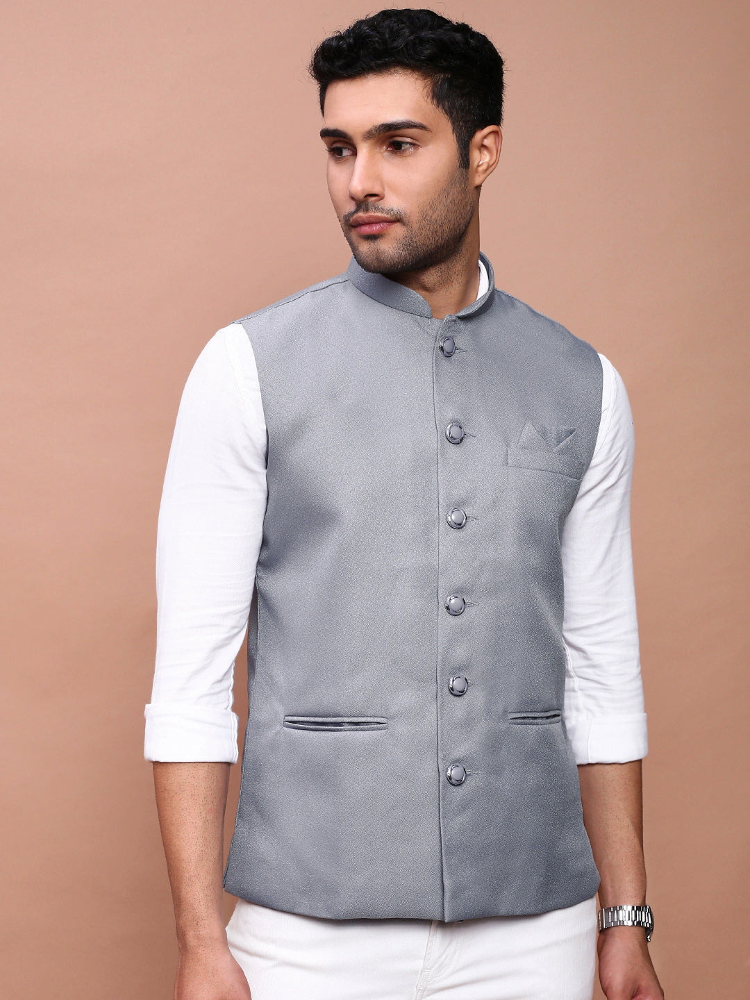 Men Solid Grey Slim Fit Nehru Jacket