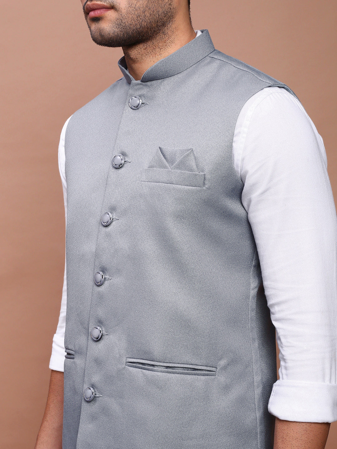 Men Solid Grey Slim Fit Nehru Jacket