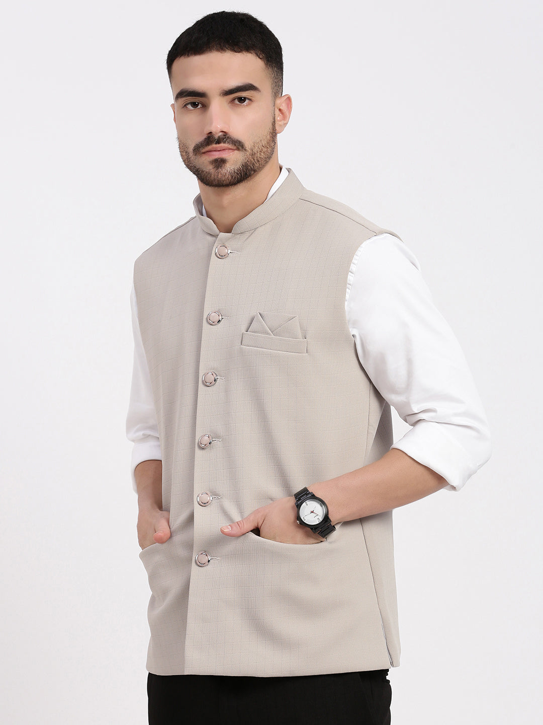 Men Solid Beige Nehru Jacket