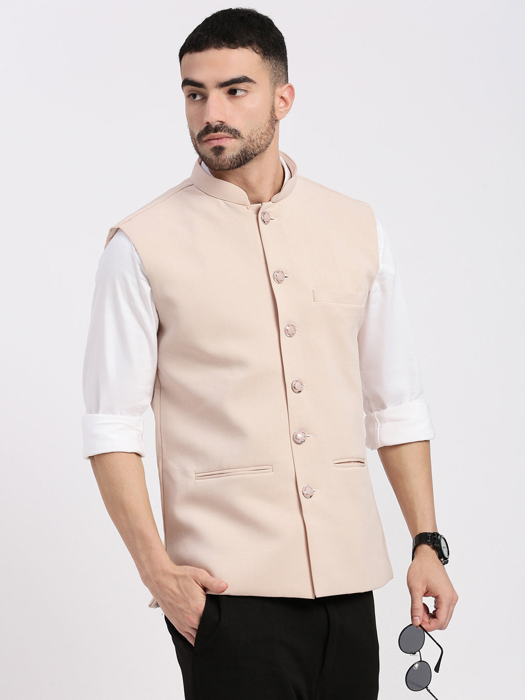 Men Solid Peach Nehru Jacket