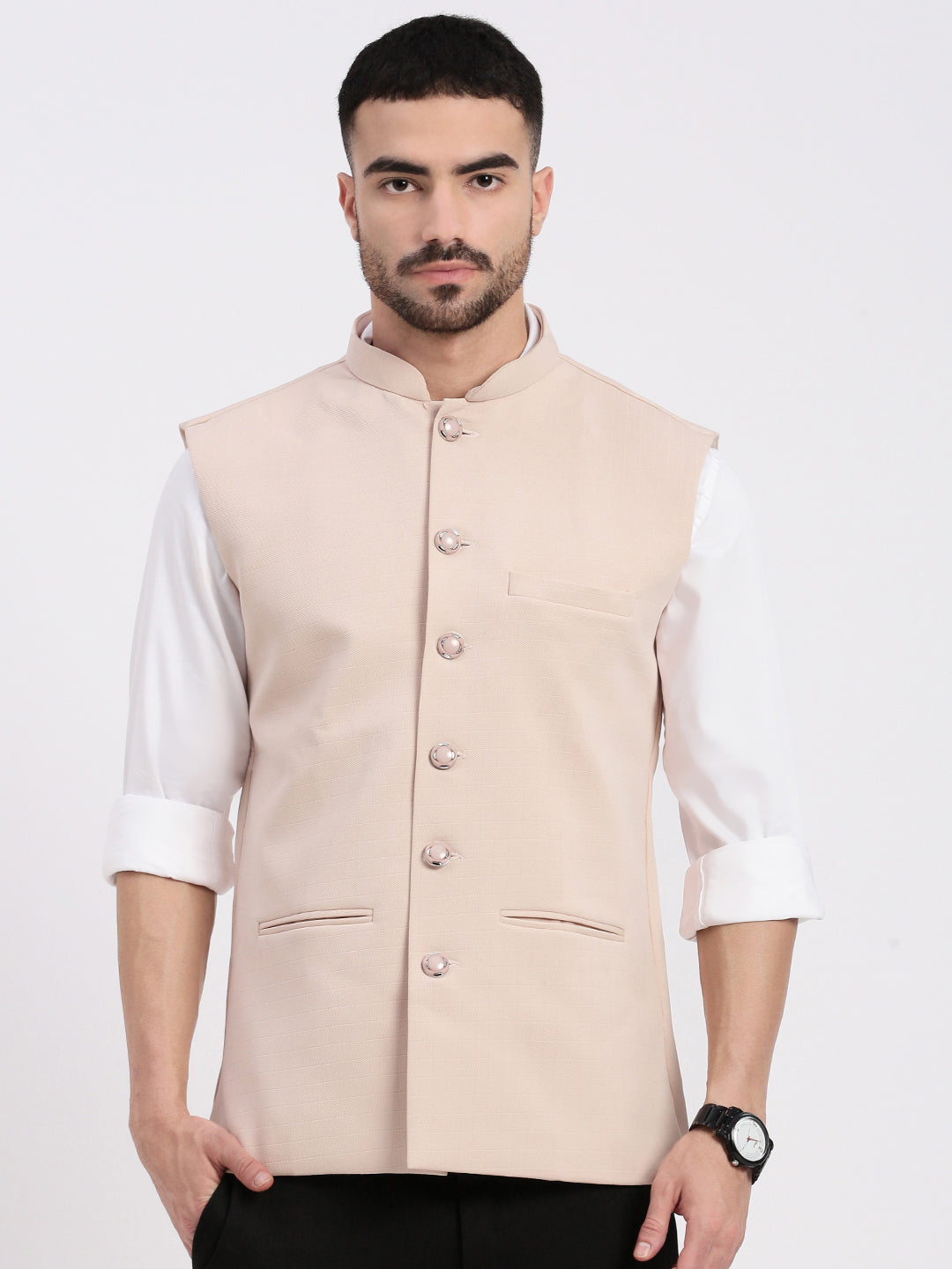 Men Solid Peach Nehru Jacket