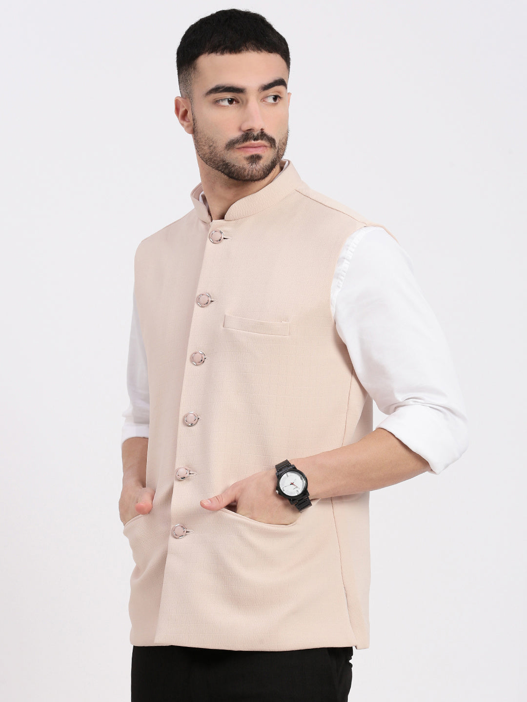 Men Solid Peach Nehru Jacket