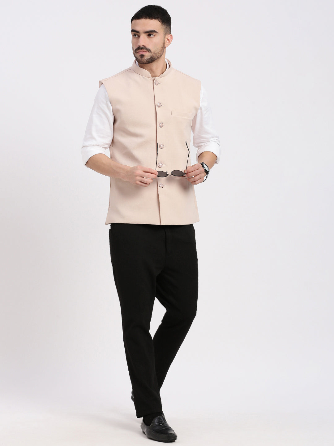 Men Solid Peach Nehru Jacket