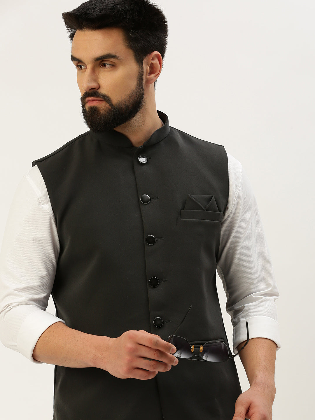 Men Mandarin Collar Solid Grey Nehru Jacket