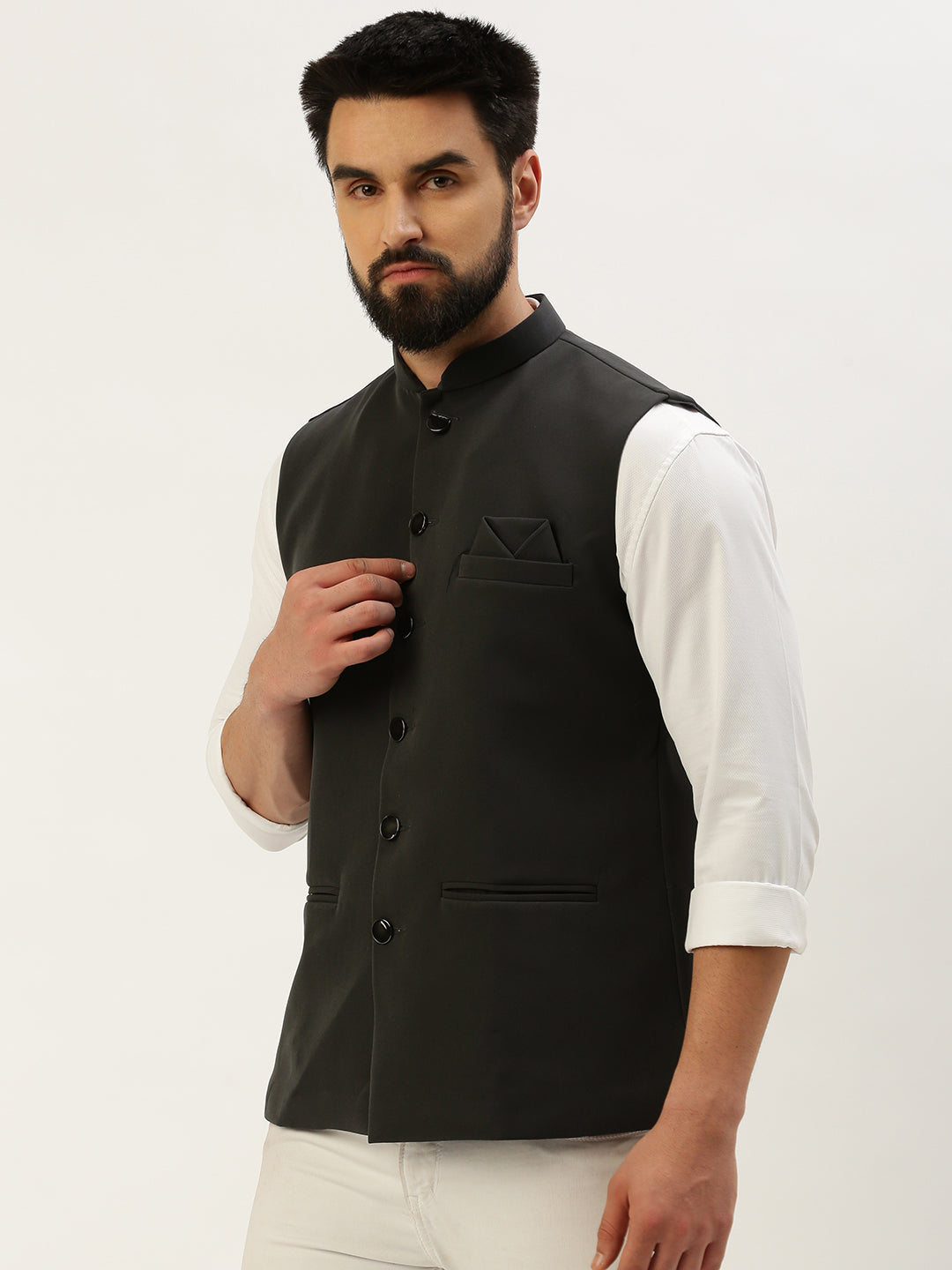 Men Mandarin Collar Solid Grey Nehru Jacket