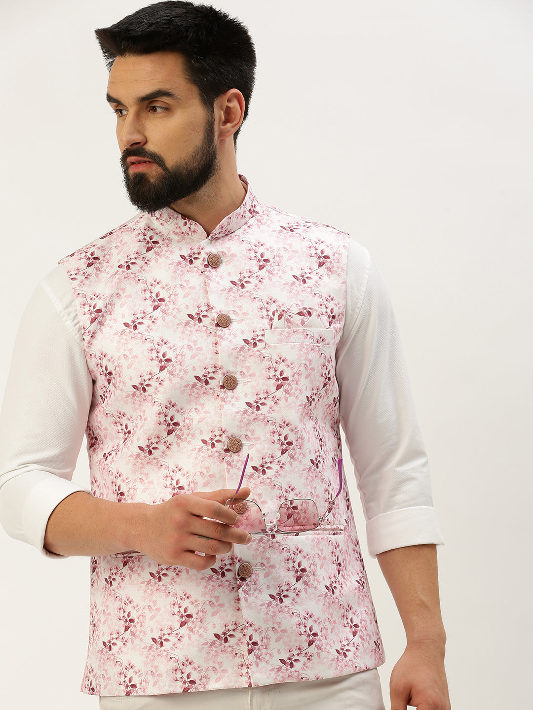 Men Mandarin Collar Solid Pink Nehru Jacket