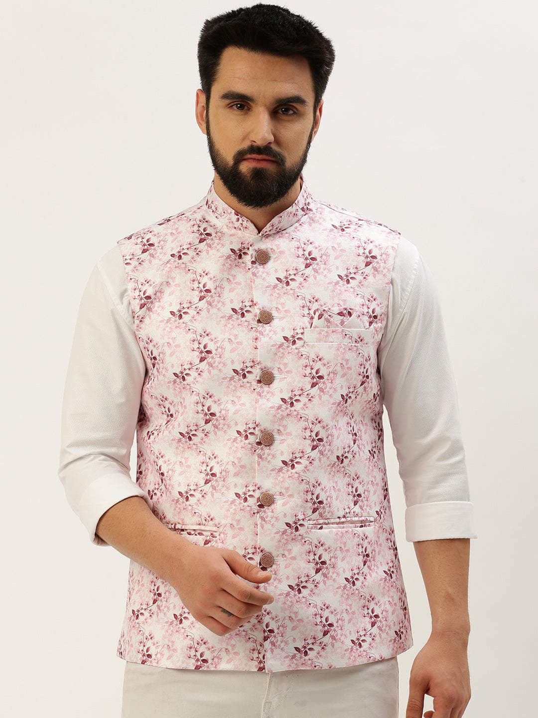 Men Mandarin Collar Solid Pink Nehru Jacket