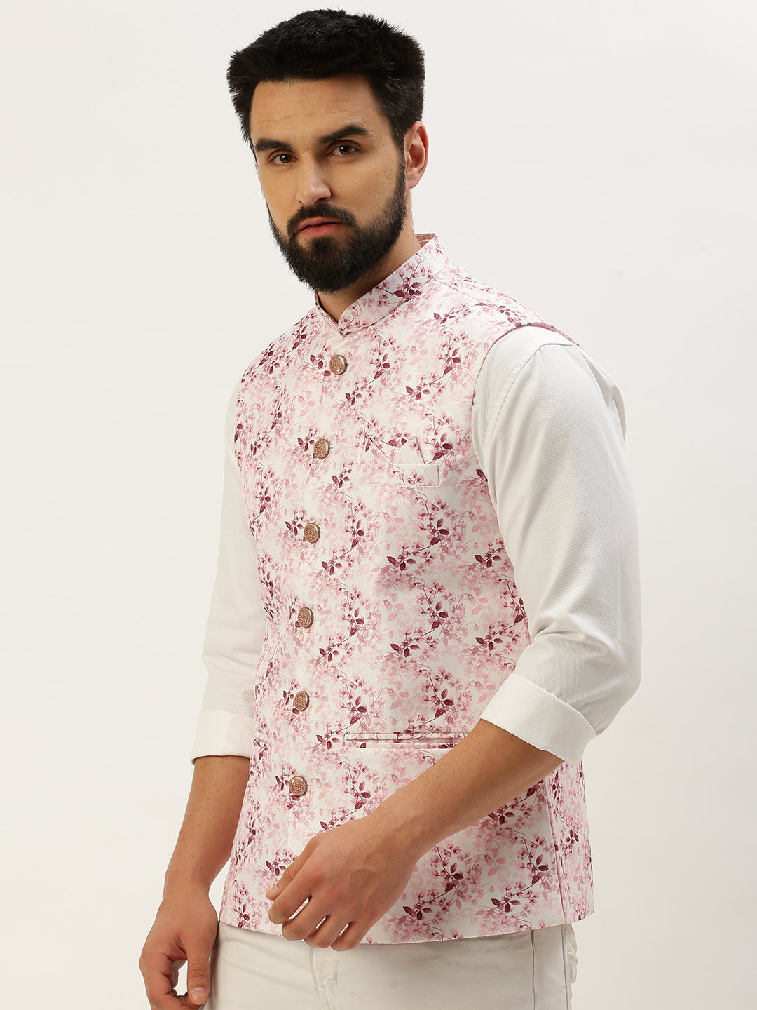 Men Mandarin Collar Solid Pink Nehru Jacket