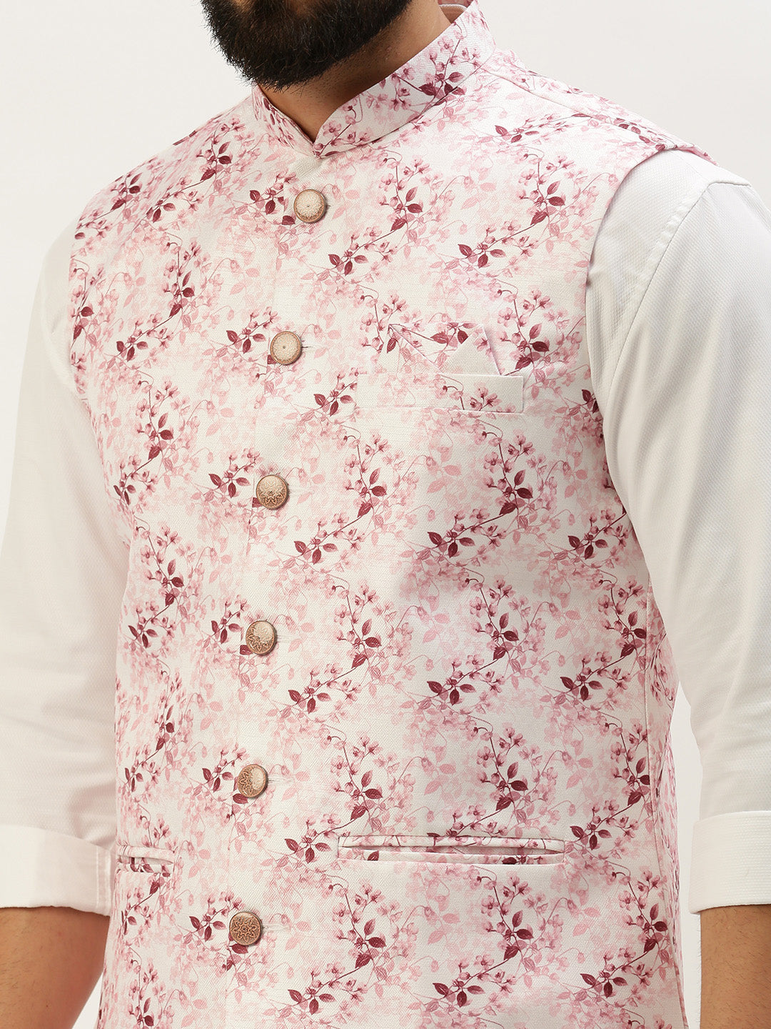 Men Mandarin Collar Solid Pink Nehru Jacket