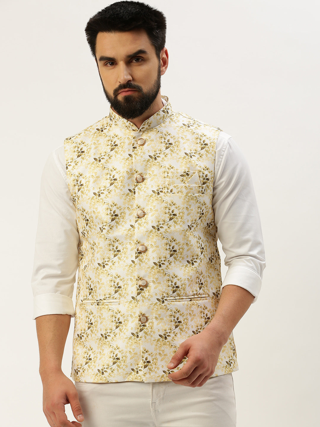 Men Mandarin Collar Printed White Nehru Jacket