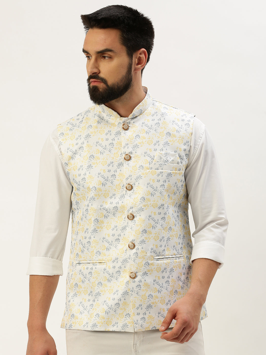 Men Mandarin Collar Printed White Nehru Jacket